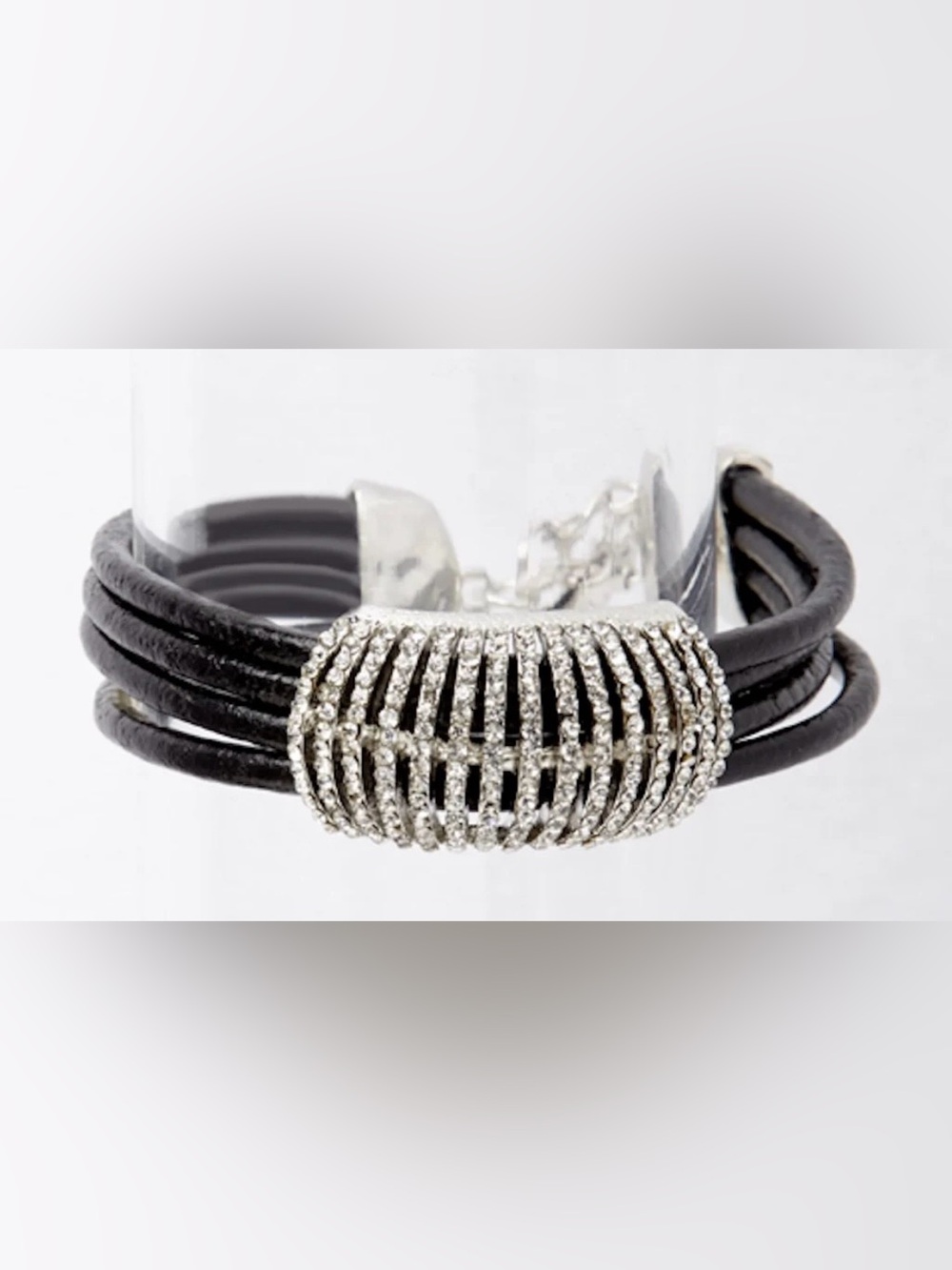 multi-strand black leatherette bracelet w curved pave rhinestone slider New